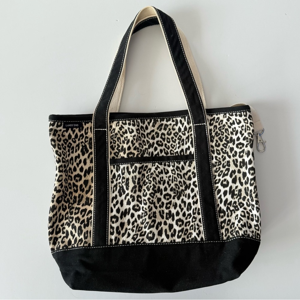 Lands’ End Leopard Print Boat + Tote Canvas Open Top Bag Brown & Black